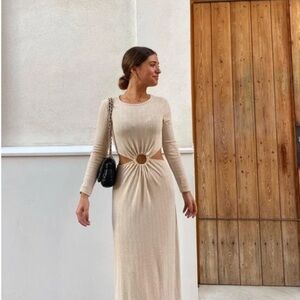 Zara Medium Sand Color MIDI Dress with Cutouts Long Sleeves